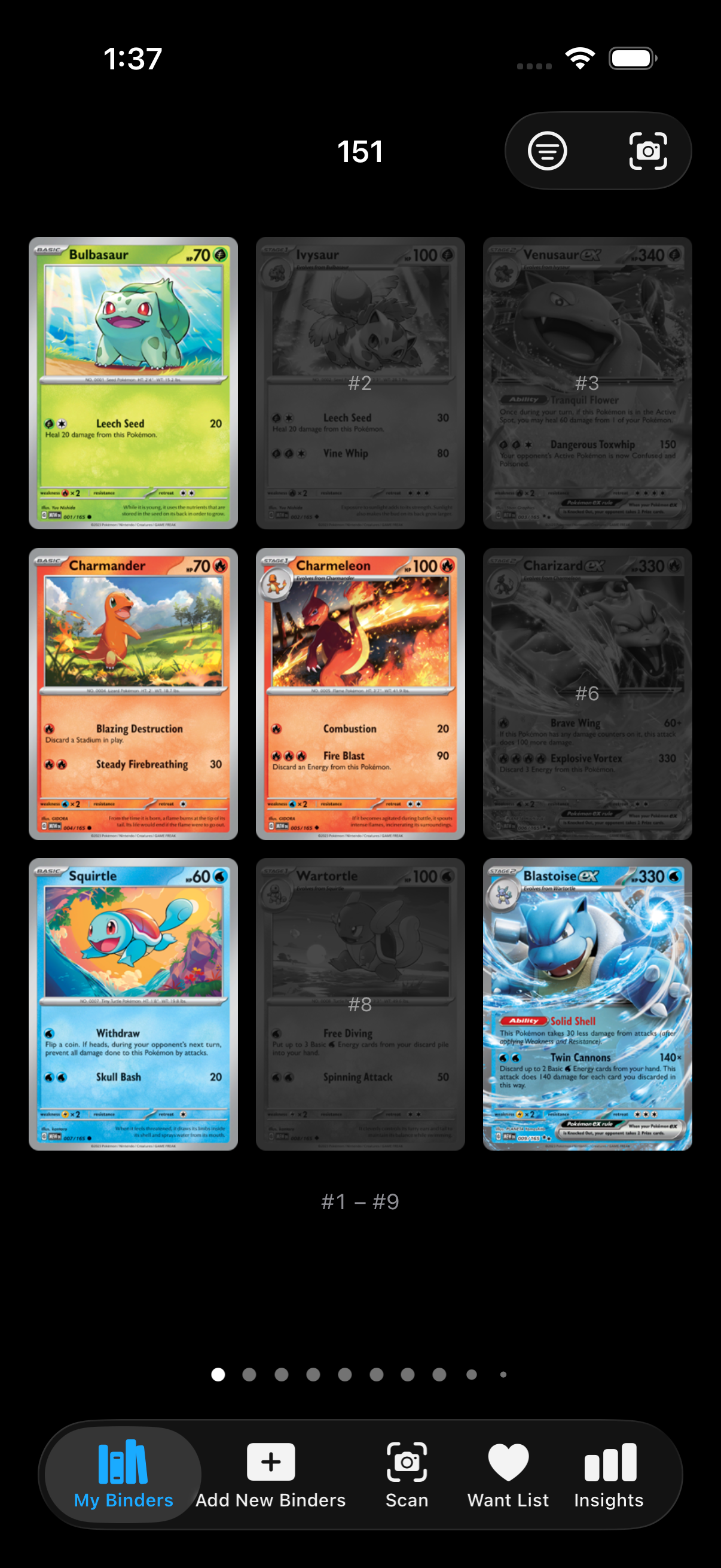 Binder page showing 5 collected cards in color and 4 grayed-out slots